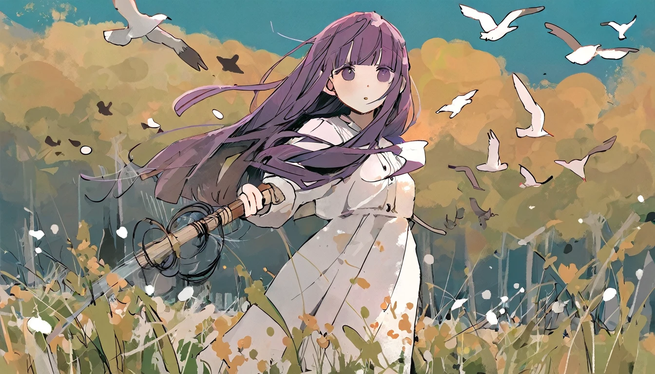 flat color, a girl named fern from sousou no freiren series, holding a huge magic wand, standing on the lawn, wind, day, amazing quality, very beautiful color, by iamuu, aesthetic, birds, beautiful scenery