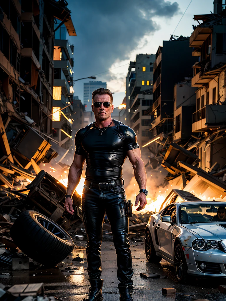 photo realistic photo, terminator t-800, ((mechanical t-800)), ((mechanical body)), black shirt, cyborg, among the rubble of a destroyed city, looking at the viewer, night