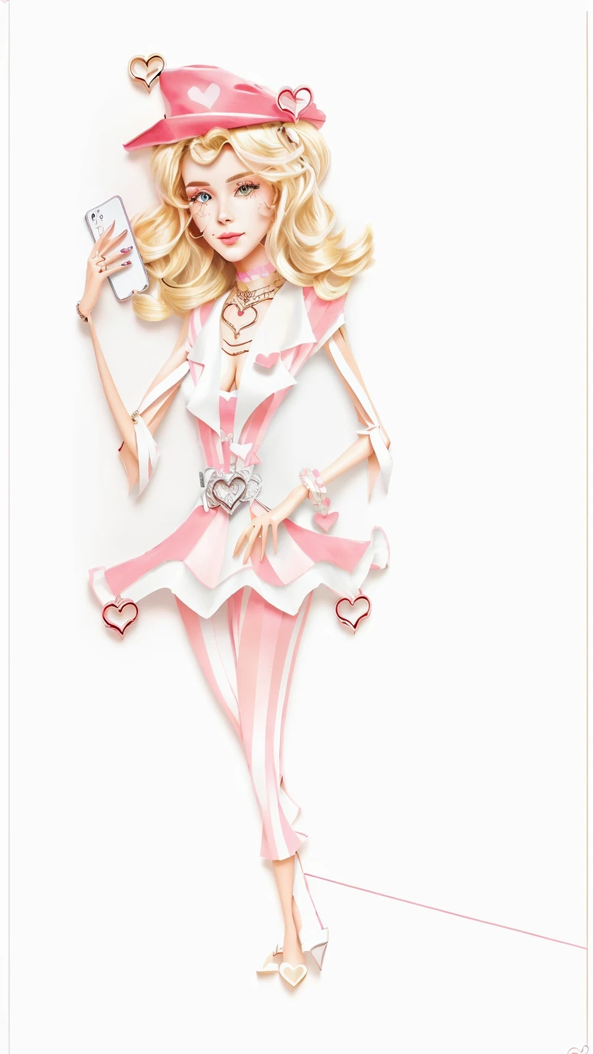 master piece, 8k detail, a colored drawing of a blonde DOLL, of a woman in a dress and hat holding a cell phone, line art coloring page, black and white line art, line art!!, sketch black and white colors, inspired by Louis Grell, sharp lineart, lineart, ever after high, stylized linework, inspired by Adélaïde Victoire Hall, intense line art, the doll has heart shaped jewelry, necklace, bracelet and lockets and a heart belt. colors are red, white, blue.  NO BACKDROP, White background. 
