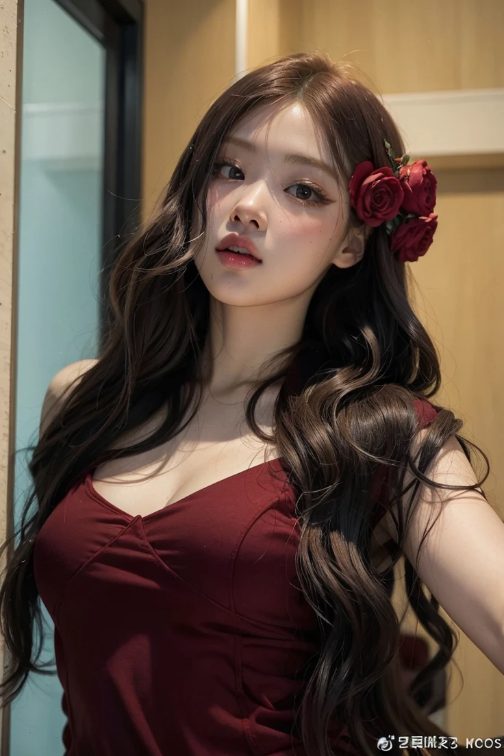 Jennie from blackpink with albino hair and light eyes in red hoodie Jennie
