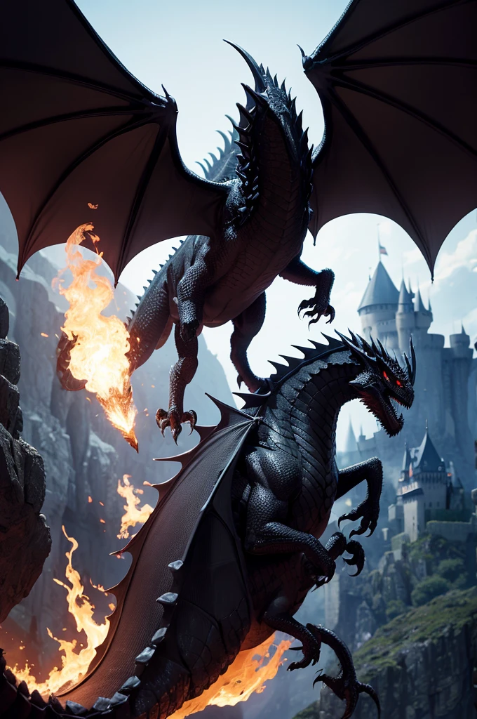 A platinum man riding a black dragon setting fire to a castle