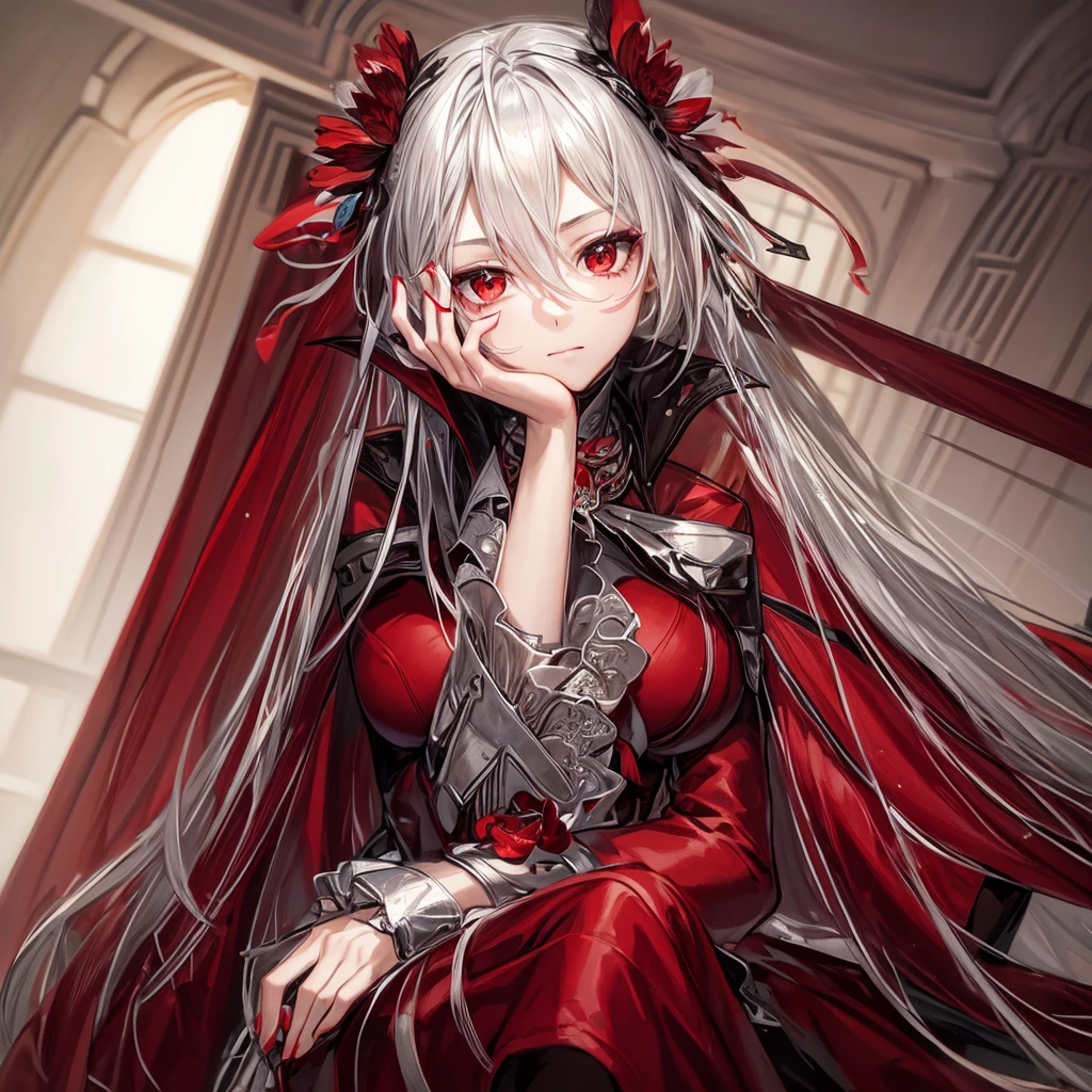 A young woman with long, flowing silver hair and piercing red eyes sits with her chin resting on her hand, gazing thoughtfully at the viewer. She is dressed in a red and black outfit with intricate details and a touch of lace, giving her a sophisticated and mysterious air. The lighting is warm and soft, highlighting her features and creating a sense of intimacy. red erythrina flowers on the head.

[Anime style, detailed and realistic, inspired by the works of Mihoyo and Pixiv artists], [soft lighting, warm colors, smooth textures, slight blur effect on the background, shallow depth of field]