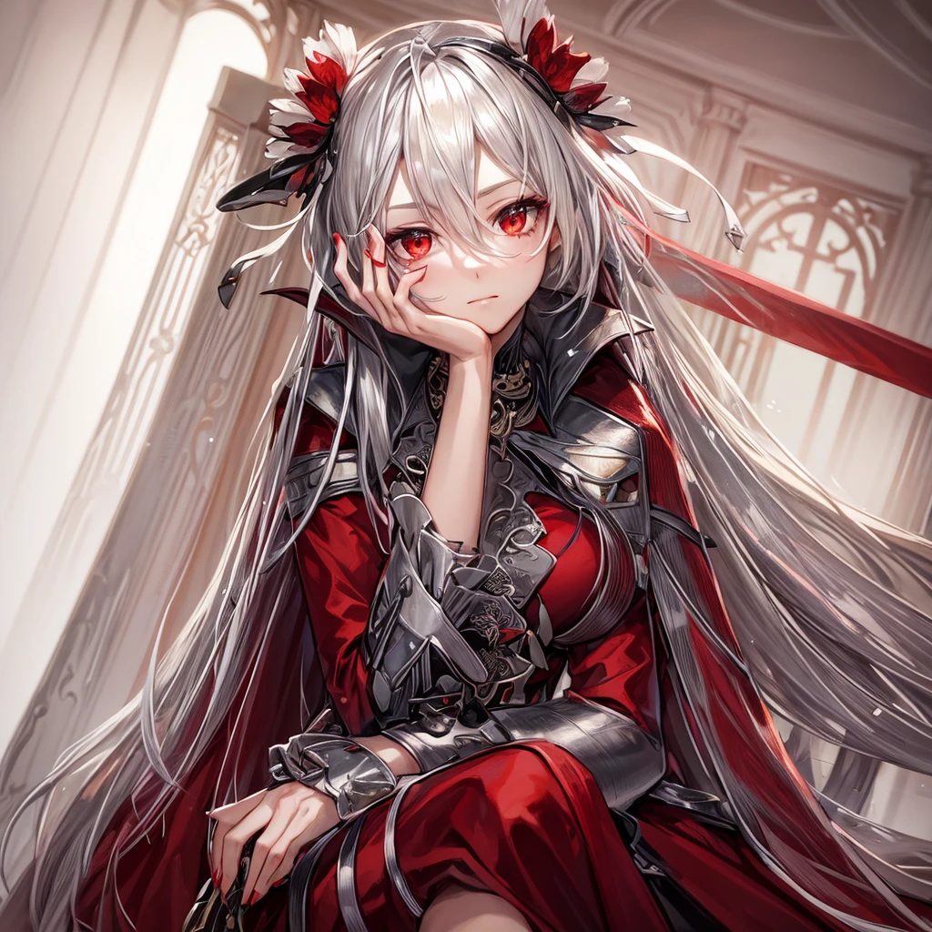 A young woman with long, flowing silver hair and piercing red eyes sits with her chin resting on her hand, gazing thoughtfully at the viewer. She is dressed in a red and black outfit with intricate details and a touch of lace, giving her a sophisticated and mysterious air. The lighting is warm and soft, highlighting her features and creating a sense of intimacy. red erythrina flowers on the head.

[Anime style, detailed and realistic, inspired by the works of Mihoyo and Pixiv artists], [soft lighting, warm colors, smooth textures, slight blur effect on the background, shallow depth of field]