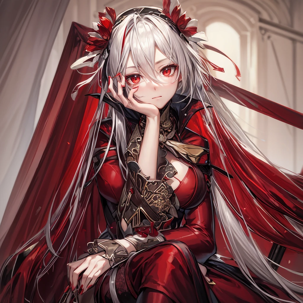 A young woman with long, flowing silver hair and piercing red eyes sits with her chin resting on her hand, gazing thoughtfully at the viewer. She is dressed in a red and black outfit with intricate details and a touch of lace, giving her a sophisticated and mysterious air. The lighting is warm and soft, highlighting her features and creating a sense of intimacy. red erythrina flowers on the head.

[Anime style, detailed and realistic, inspired by the works of Mihoyo and Pixiv artists], [soft lighting, warm colors, smooth textures, slight blur effect on the background, shallow depth of field]