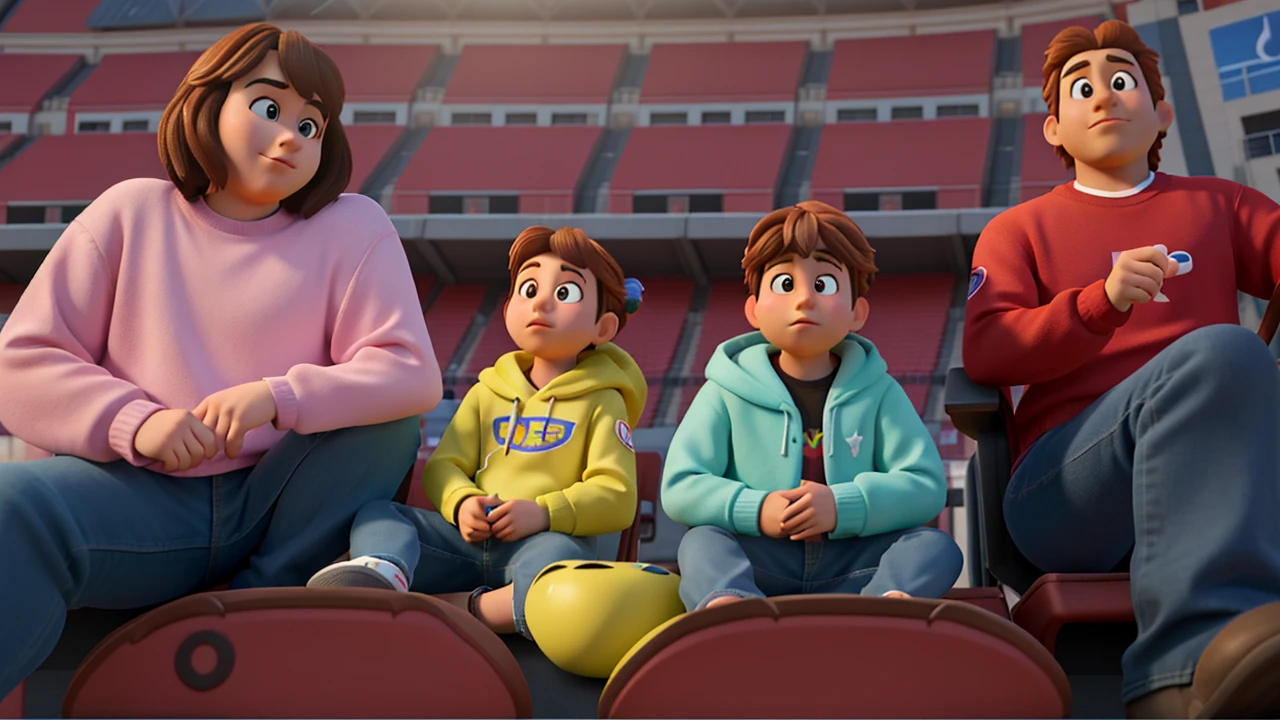 masterpiece, best quality, (extremely detailed CG unity 8k wallpaper), (best quality), (best illustration), (best shadow),A couple with two kids sitting in stadium, high quality photo, group photo, group portrait, commissioned, 8k quality, photo realistic in disney pixar style. high quality, 8k, master piece, 3d disney, disney pixar
