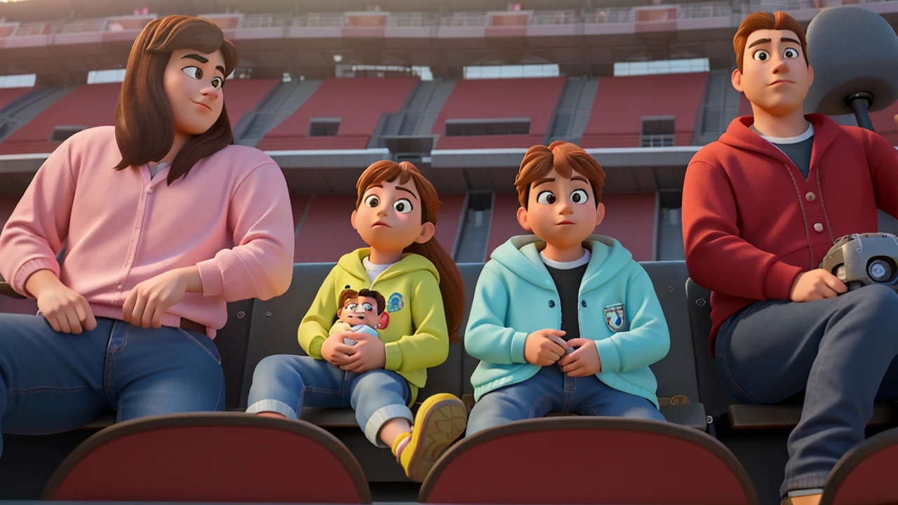masterpiece, best quality, (extremely detailed CG unity 8k wallpaper), (best quality), (best illustration), (best shadow),A couple with two kids sitting in stadium, high quality photo, group photo, group portrait, commissioned, 8k quality, photo realistic in disney pixar style. high quality, 8k, master piece, 3d disney, disney pixar