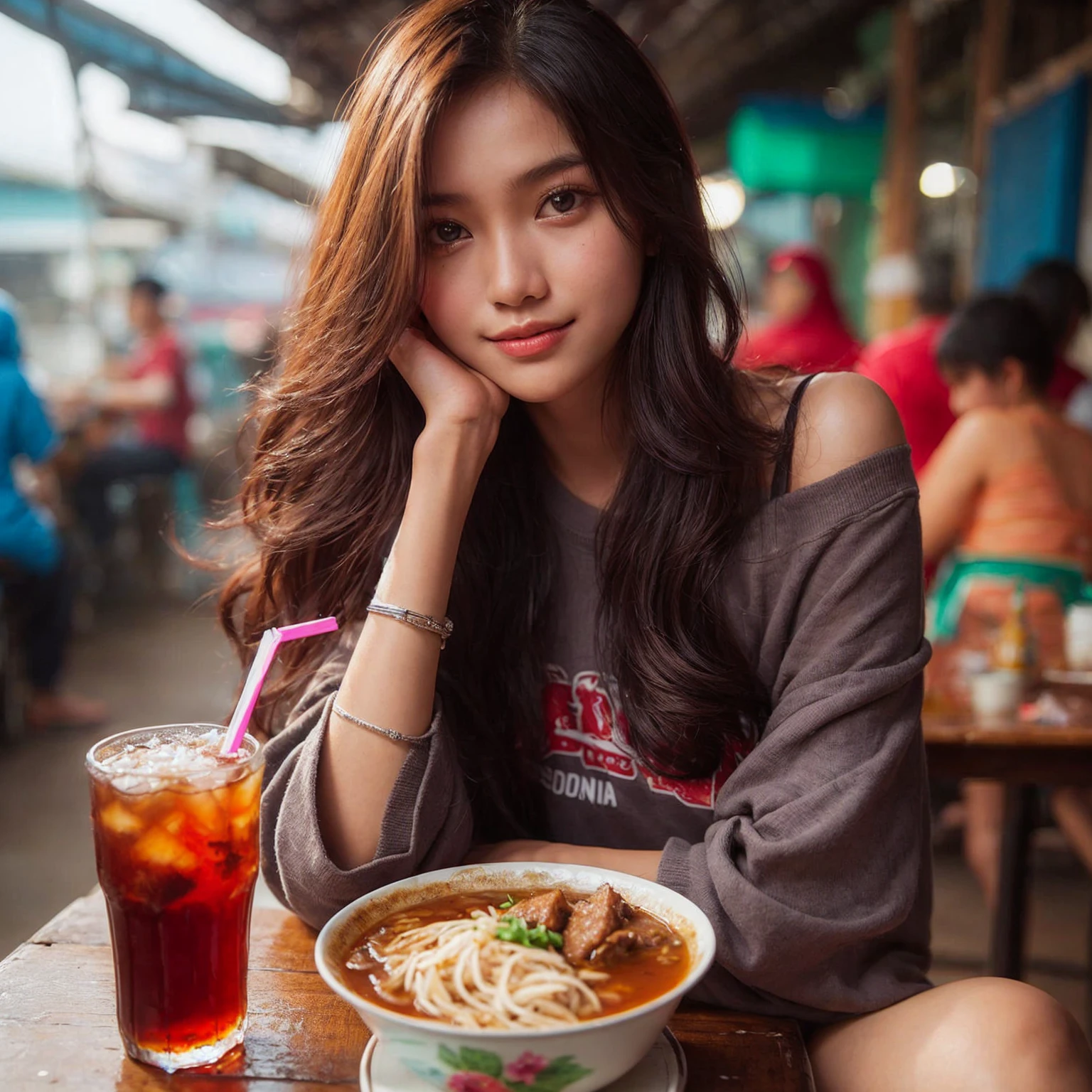 A beautiful young Indonesian girl, sitting at a street food stall in Surabaya city, Indonesia. On the table, there is already nasi rames (mixed rice dish) and iced tea. She is wearing an oversized t-shirt, realistic, UHD, 8K