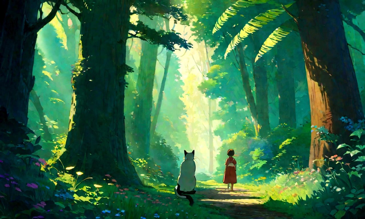 Studio Ghibli-style anime movies, Movie stills, Highest quality, masterpiece, Representative works, Official Art, Professional, Super intricate details, 8K,There is a cat in the distance, in the forest、relax、