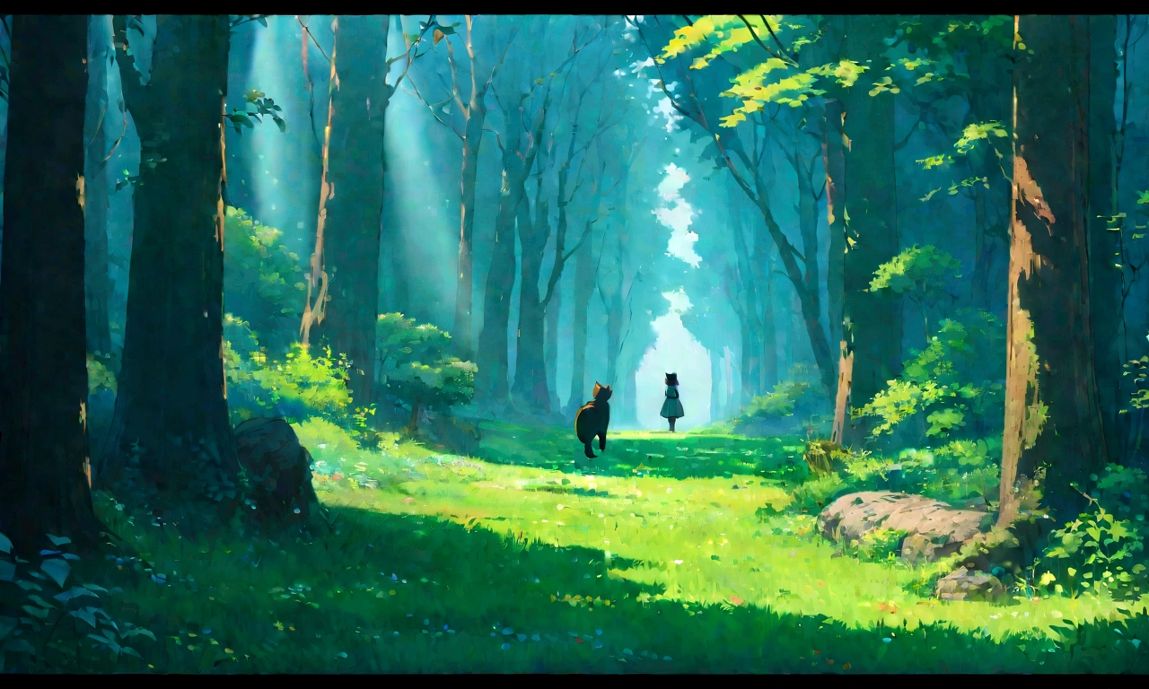 Studio Ghibli-style anime movies, Movie stills, Highest quality, masterpiece, Representative works, Official Art, Professional, Super intricate details, 8K,There is a cat in the distance, in the forest、relax、