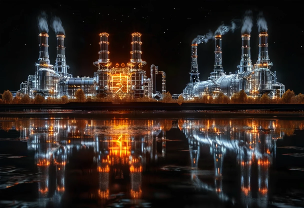 Wireframe hologram of thermal power plant,
Thermal power plants do not emit light,rendered in the style of a 3D rendering with a black background,
Professionally shot with professional lighting and color grading，To present surrealism,
Orange and white,(Thermal power plants do not emit light:1.3)(black background:1.4),Stars can be seen in the distance in the background.,