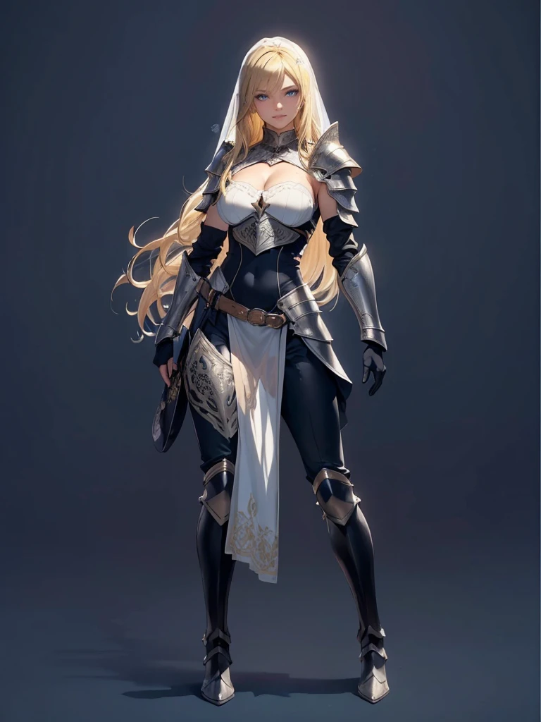 ((1girl, solo)), beautiful body, (perfect anatomy, perfect body, perfect hands, perfect legs), (five fingers:1.5), natural proportions, sexy body, large breasts, cowboy shot BREAK
((extremely detailed face)), (beautiful detailed eyes:1.6), (realistic pupils, realistic iris:1), expressive eyes, looking at viewer, (clear eyes:1.3), (hyperrealistic:1.2), (detailed skin texture:1.2), smooth skin, (blonde hair:1.5), blue eyes, long hair, (detailed lips:1.2), (attractive lips:1.1), (glossy lips:1.1), (grin), perfect face, perfect eyes BREAK
female knight, (veil:1.3), long sleeves, (armor:1.5), (shoulder armor:1.2), (arm guard:1.3), armor gloves, (pants:1.5), skin tight, ((pelvic curtain)), armored boots, belt BREAK
outdoors, day, (winter:1.3), trees, (shade of trees:1.2), mountain range, medieval BREAK
(masterpiece:1.5), anime-style, top quality, best quality, (beautiful and aesthetic:1.2), (ultra detail:1.5), Ultra-detailed depiction, Ultra-precise depiction, extremely detailed 8k illustration, high resolution, (highly detailed shading:1.2), (realistic lighting:1.4), perfect lighting, vibrant colors, dynamic tones, striking hues, 8k, absurd resolution, perfect shadows, hdr, UHD, ambient lighting, realistic, ultra-realistic, photo realistic, highly detailed, rich detail, luminous colors, fine texture, intricate design, professional illustration, (soft light:1.2), (illustration:0.7)