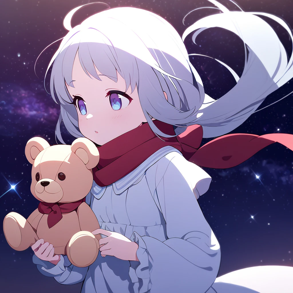 (((masterpiece))), (((best quality))),(((high detail))),light manipulation, girl with long silver hair, gradient purple to sky blue eyes, wearing a white dress, a red scarf, (((loli))), (((child))) , galaxy background, holding a teddy bear, feet, no footwear