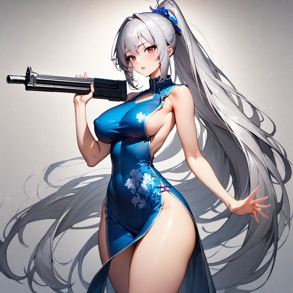  (masterpiece),(Highest quality),(Very detailed),(Best illustrations),(so beautiful), Beautiful Eyes, Perfect Face, Perfect hands, Perfect Fingers, so beautiful長い脚, Thighs, Saggy breasts, Silver Hair, Red eyes, Very long hair, High Ponytail, Blue clothes, China dress, Side slits, Have a weapon, gun, Underarm,