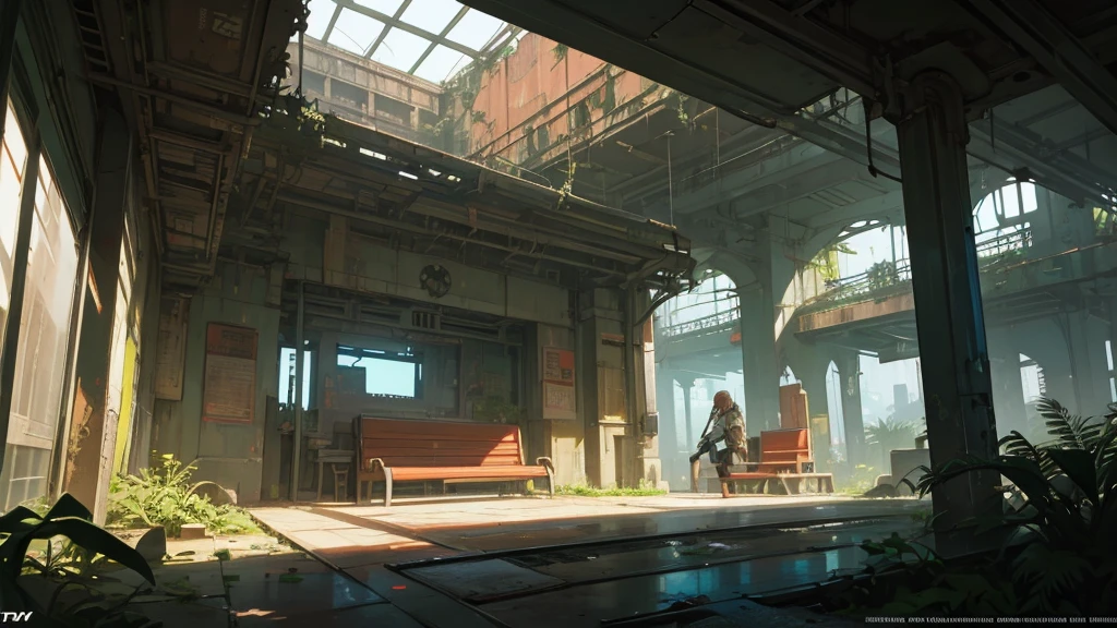 a futuristic and abandoned train station hall, overgrown with plants, benches, cyberpunk, detailed, intricate architecture, decaying, moody lighting, neon signs, futuristic technology, rust, debris, high detail