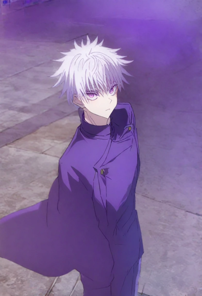 A jujutsu kaisen style boy with white hair with purple highlights, purple eyes and a street outfit