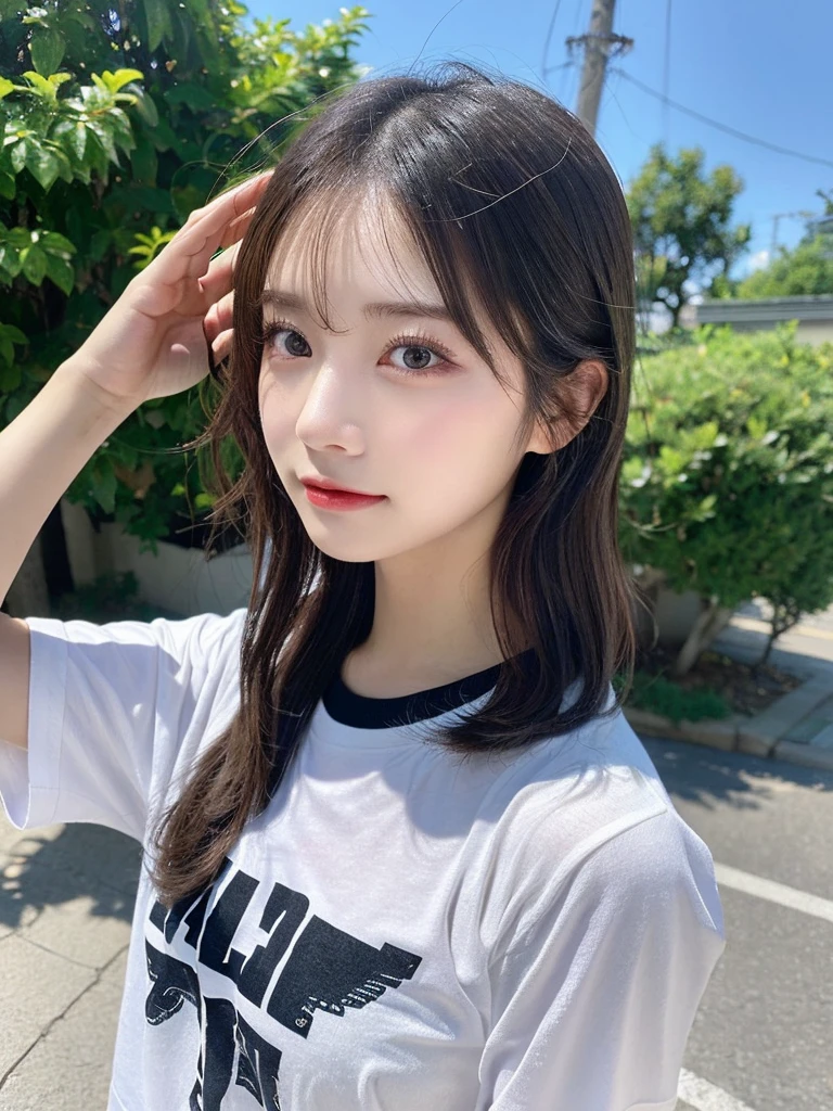 T-Shirts、(Highest quality,masterpiece:1.3,Ultra-high resolution,),(Super detailed,Caustics),(Realistic:1.4,RAW shooting,)Ultra-Realistic Capture,Very detailed,High resolution 16K suitable for human skin、 Natural skin texture、、The skin looks healthy、The color is also uniform..,One Woman,Japanese,,cute、(Written boundary depth、chromatic aberration、、Wide range of lighting、Natural Shading、)、Rock Band Festival、(Hair swaying in the wind:1.2)
