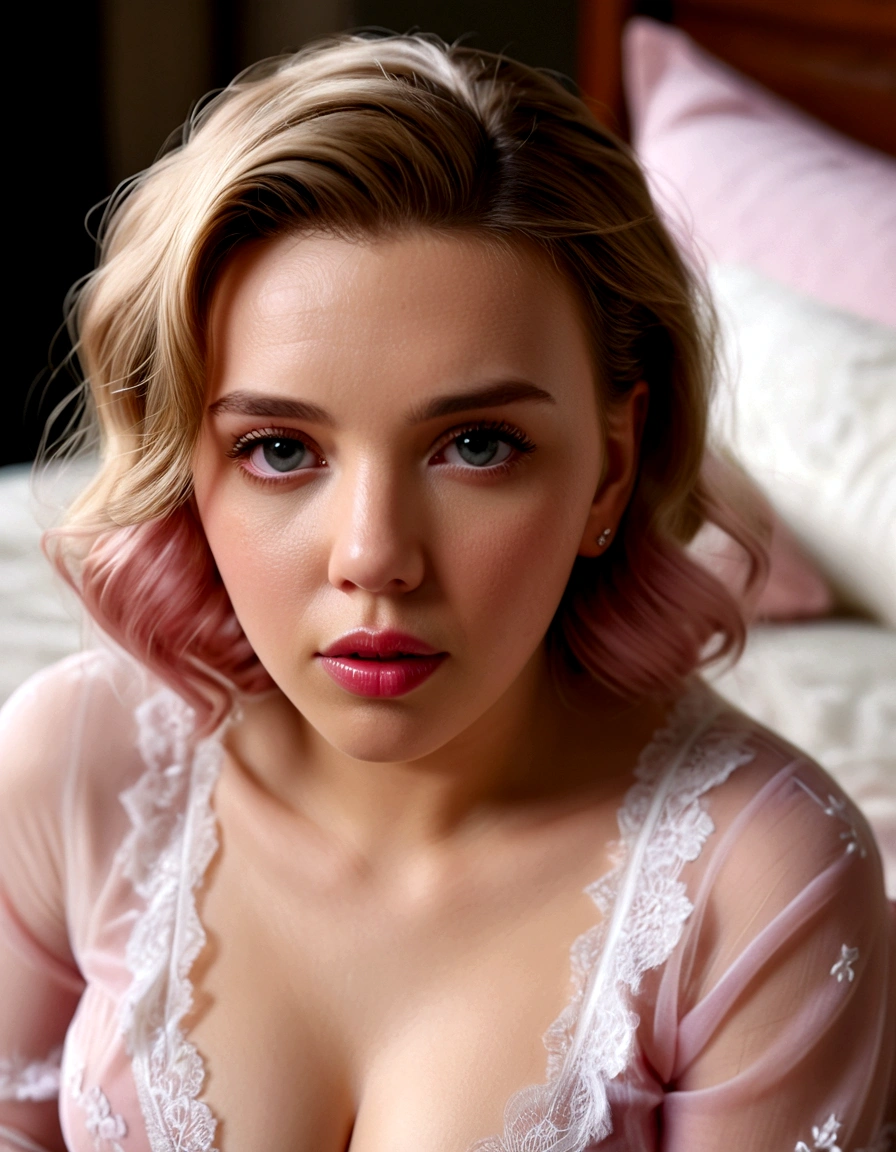 1girl, beautiful detailed eyes, beautiful detailed lips, extremely detailed eyes and face, long eyelashes, Scarlett Johansson, 25 years old, pink sheer nightgown, no bra, crotch less panties, knee high stockings, wakes up panicked, someone downstairs, bedroom, (best quality,4k,8k,highres,masterpiece:1.2),ultra-detailed,(realistic,photorealistic,photo-realistic:1.37), HDR, UHD, studio lighting, ultra-fine painting, sharp focus, physically-based rendering, extreme detail description, professional, vivid colors, bokeh, portrait