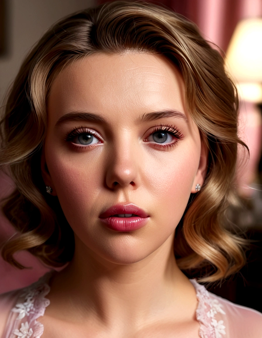 1girl, beautiful detailed eyes, beautiful detailed lips, extremely detailed eyes and face, long eyelashes, Scarlett Johansson, 25 years old, pink sheer nightgown, no bra, crotch less panties, knee high stockings, wakes up panicked, someone downstairs, bedroom, (best quality,4k,8k,highres,masterpiece:1.2),ultra-detailed,(realistic,photorealistic,photo-realistic:1.37), HDR, UHD, studio lighting, ultra-fine painting, sharp focus, physically-based rendering, extreme detail description, professional, vivid colors, bokeh, portrait
