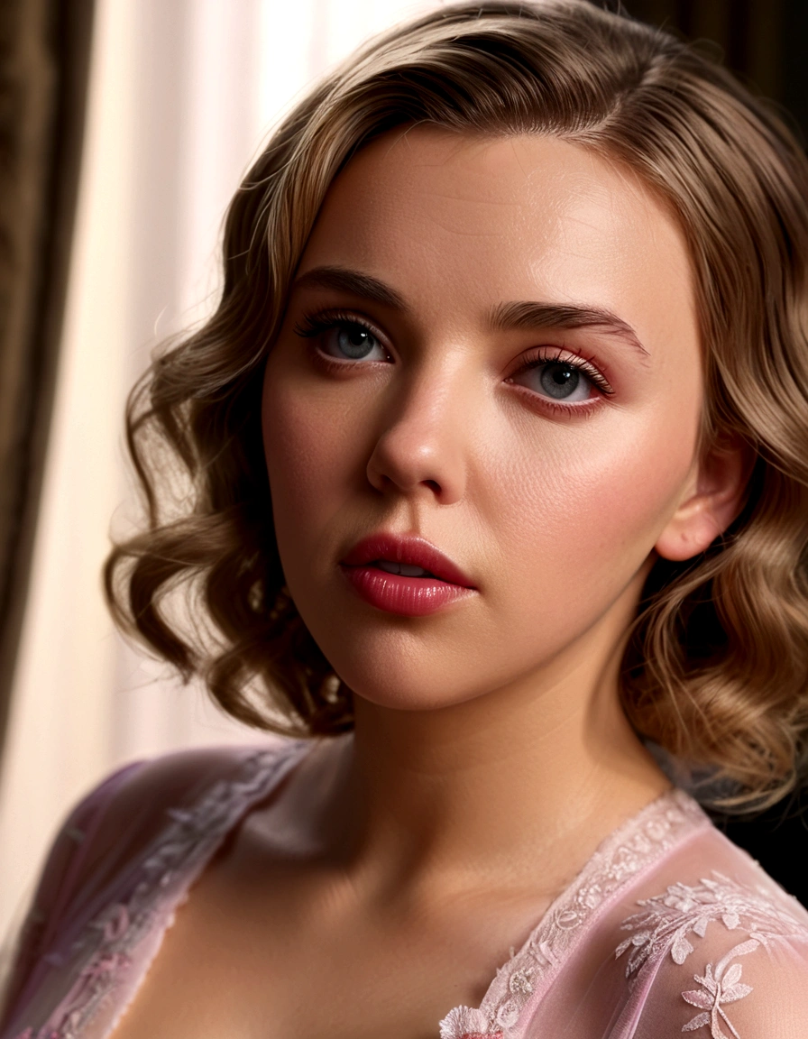 1girl, beautiful detailed eyes, beautiful detailed lips, extremely detailed eyes and face, long eyelashes, Scarlett Johansson, 25 years old, pink sheer nightgown, no bra, crotch less panties, knee high stockings, wakes up panicked, someone downstairs, bedroom, (best quality,4k,8k,highres,masterpiece:1.2),ultra-detailed,(realistic,photorealistic,photo-realistic:1.37), HDR, UHD, studio lighting, ultra-fine painting, sharp focus, physically-based rendering, extreme detail description, professional, vivid colors, bokeh, portrait