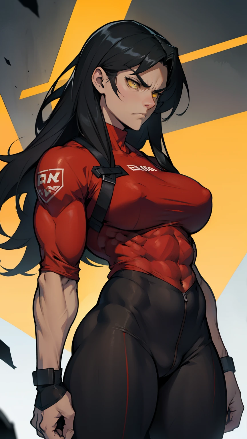 giant breasts giant muscles giant thighs giant black hair yellow eyes pale skin long hair angry sad frown tight fitting clothes 