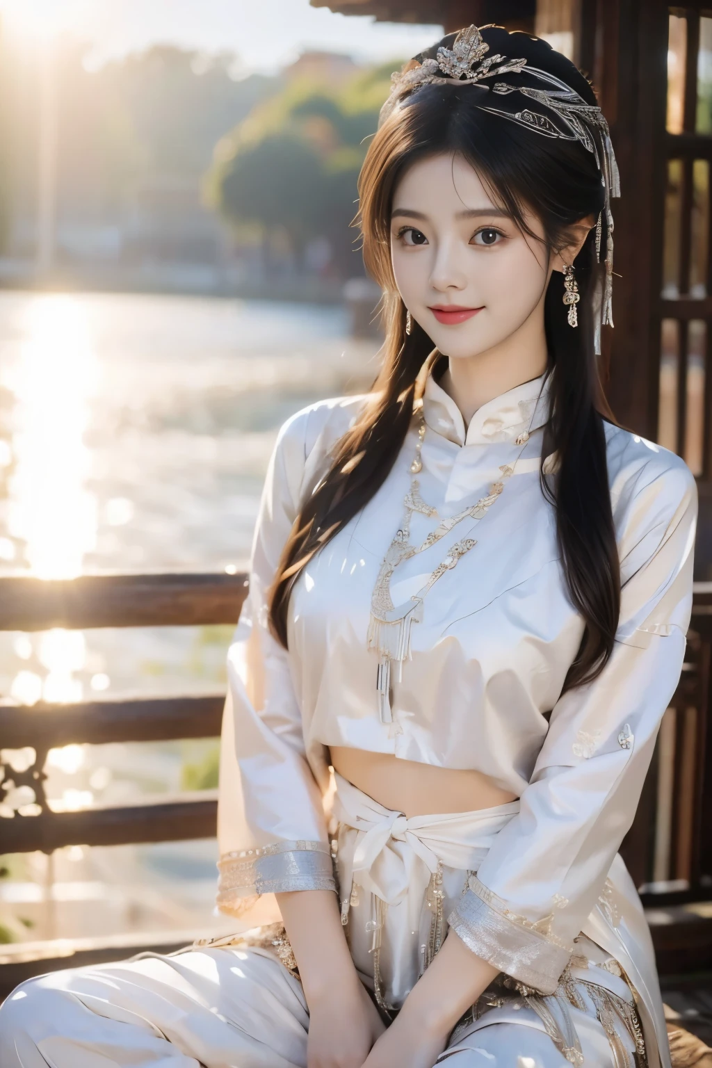 (masterpiece,high quality,8K).(beautiful,Smile,最beautiful中国女孩,Queen,Skin details,Bright Eyes,Thick eyelashes,Unique,Staring at the audience),seedling:1.5,Silver jewelry:1.2,Silver crown:1.5,silver tassel:1.37,Silver Collar,Silver texture,brilho prata,Upper Body,Long sleeve,Ethnic Clothing,Long skirt:1.2,waist,Black and red linen details,seedling服饰特点,totem,(Morning Sunshine:1.5)