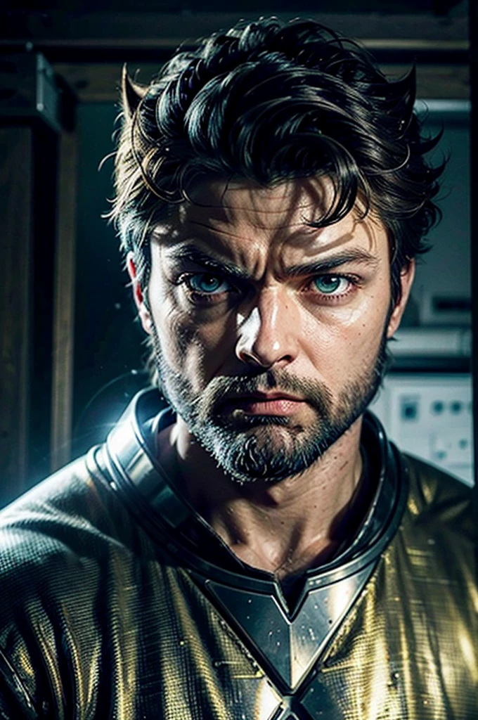 blurred image of a man with bright eyes and a beard, Karl Urban as wolverine, Karl Urban, his eyes glowing yellow, ele tem olhos de fogo, glowing ember eyes, glowing arcane eyes, Karl Urban as a dragonslayer, with glowing yellow eyes, wolverine, bright judgmental eyes, epic portrait of menacing, supernatural golden eyes, focused amber eyes