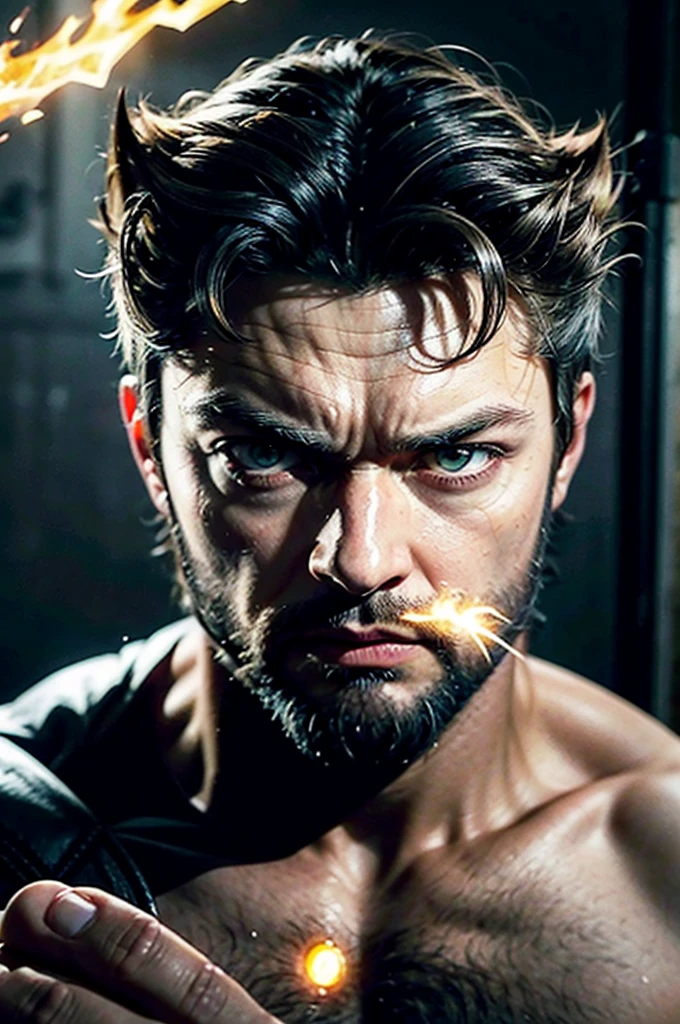 blurred image of a man with bright eyes and a beard, Karl Urban as wolverine, Karl Urban, his eyes glowing yellow, ele tem olhos de fogo, glowing ember eyes, glowing arcane eyes, Karl Urban as a dragonslayer, with glowing yellow eyes, wolverine, bright judgmental eyes, epic portrait of menacing, supernatural golden eyes, focused amber eyes