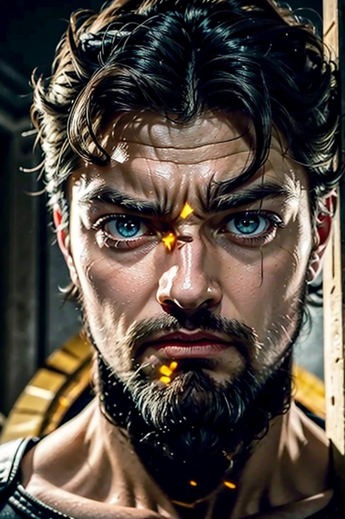 blurred image of a man with bright eyes and a beard, Karl Urban as wolverine, Karl Urban, his eyes glowing yellow, ele tem olhos de fogo, glowing ember eyes, glowing arcane eyes, Karl Urban as a dragonslayer, with glowing yellow eyes, wolverine, bright judgmental eyes, epic portrait of menacing, supernatural golden eyes, focused amber eyes
