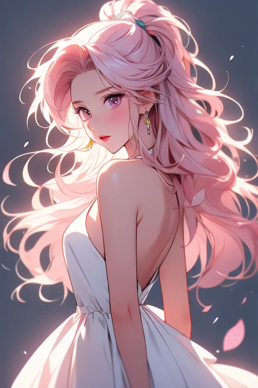 Light pink hair, pink eyes, pink and white, sakura leafs, vivid colors, white dress, paint splash, simple background, ray tracing, wavy hair