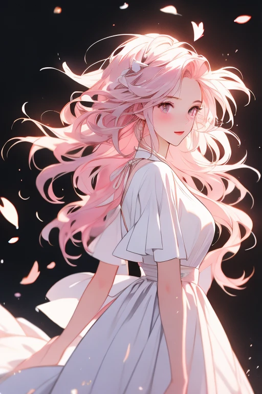 Light pink hair, pink eyes, pink and white, sakura leafs, vivid colors, white dress, paint splash, simple background, ray tracing, wavy hair