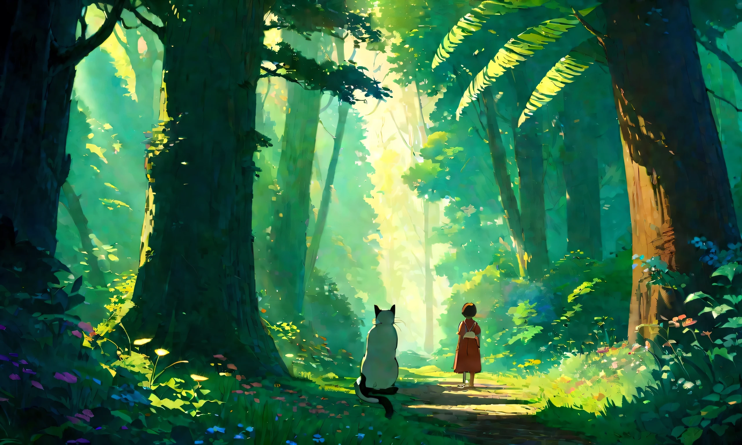 Studio Ghibli-style anime movies, Movie stills, Highest quality, masterpiece, Representative works, Official Art, Professional, Super intricate details, 8K,There is a cat in the distance, in the forest、relax、