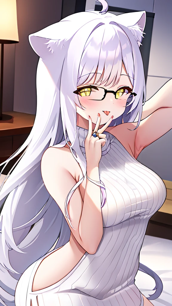 A 20-year-old female angel with long hair, white hair, yellow eyes, white cat ears, and white angel wings. A glowing yellow halo ring above the head. Round glasses. (White halter turtleneck sweater, white purekiller sweater, sleeveless, sexy backless sweater, white dress) White arm warmers, stick out tongue, bedroom