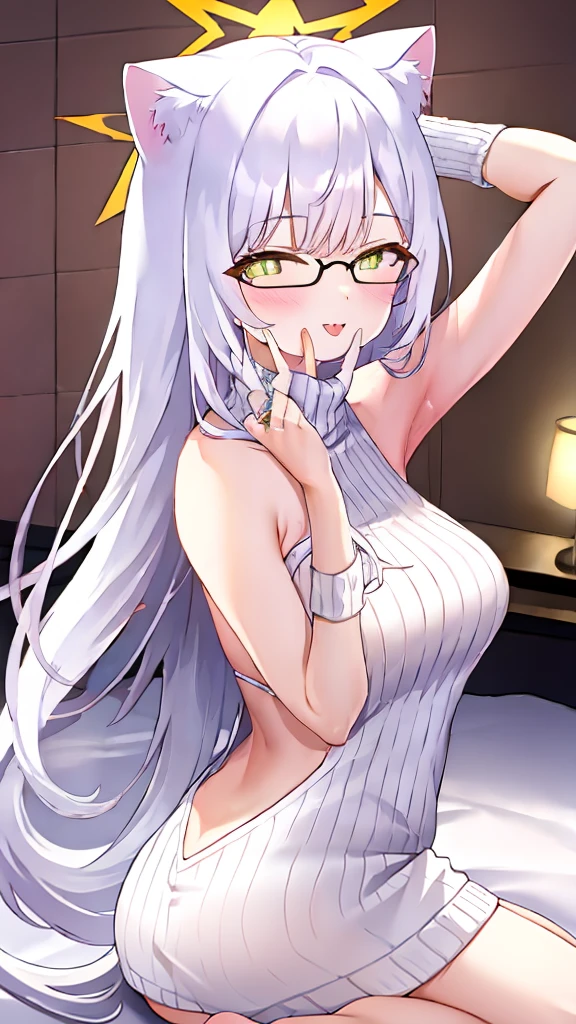 A 20-year-old female angel with long hair, white hair, yellow eyes, white cat ears, and white angel wings. A glowing yellow halo ring above the head. Round glasses. (White halter turtleneck sweater, white purekiller sweater, sleeveless, sexy backless sweater, white dress) White arm warmers, stick out tongue, bedroom