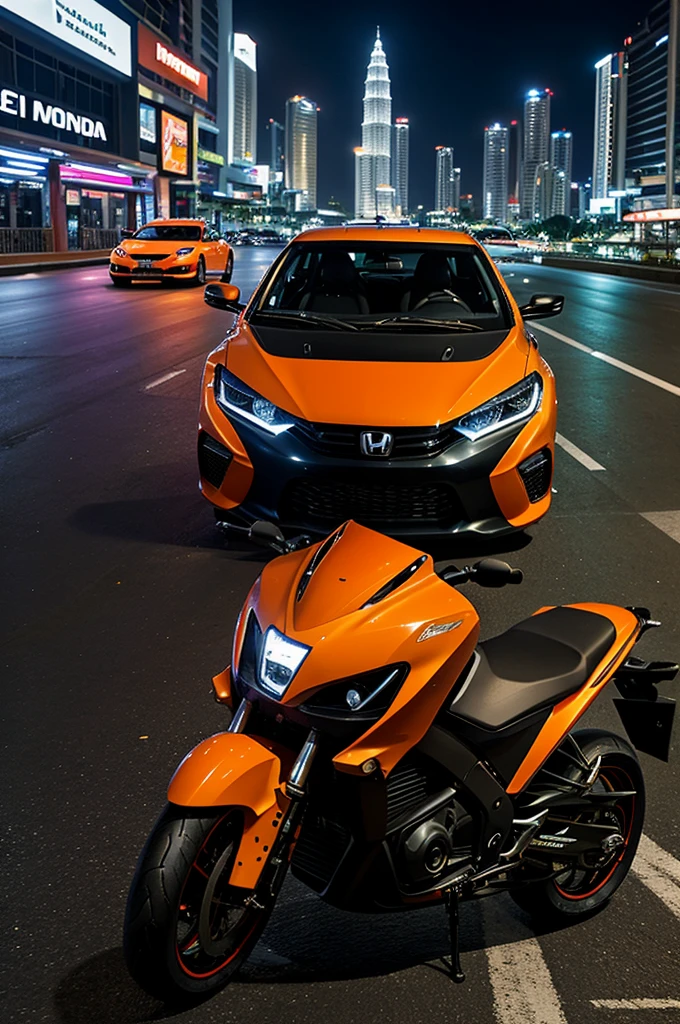 /imagine A sleek, modified Proton Perdana car parked next to a stylish orange Honda Dash motorcycle on a busy street in Kuala Lumpur, Malaysia at night. The vibrant city lights and Petronas Twin Towers can be seen in the background, reflecting off the polished surfaces of the vehicles. The scene should capture the essence of Malaysian street culture, with dynamic angles and vibrant colors.
