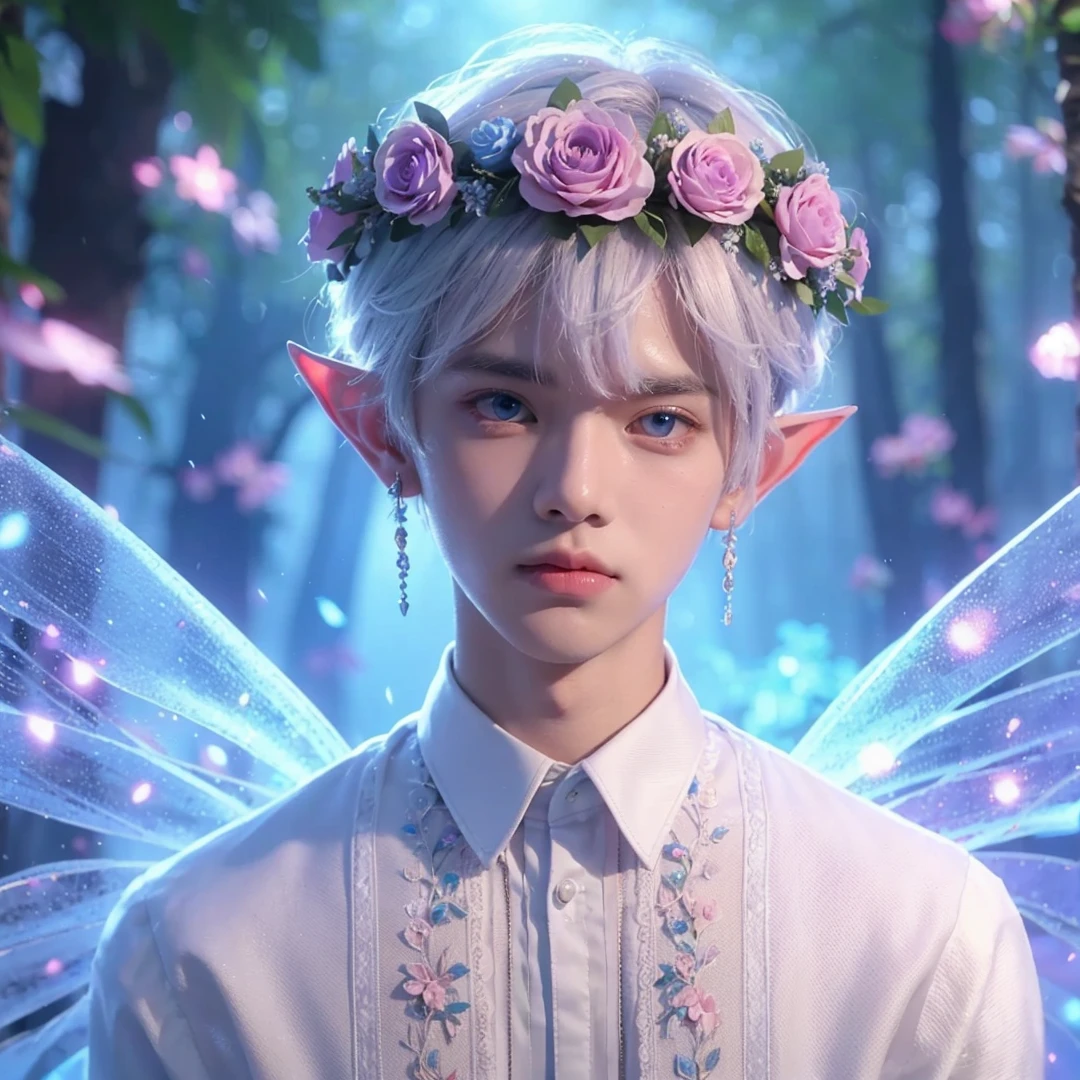 Handsome boy, white hair, blue eyes, wearing pink and light blue flower crown, wearing white barong tagalog, elf ear, "surrounded by light blue, pink, and purple light, magic forest background