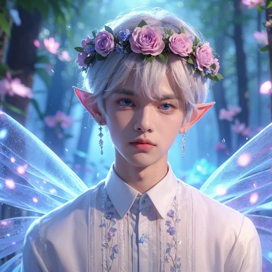 Handsome boy, white hair, blue eyes, wearing pink and light blue flower crown, wearing white barong tagalog, elf ear, "surrounded by light blue, pink, and purple light, magic forest background