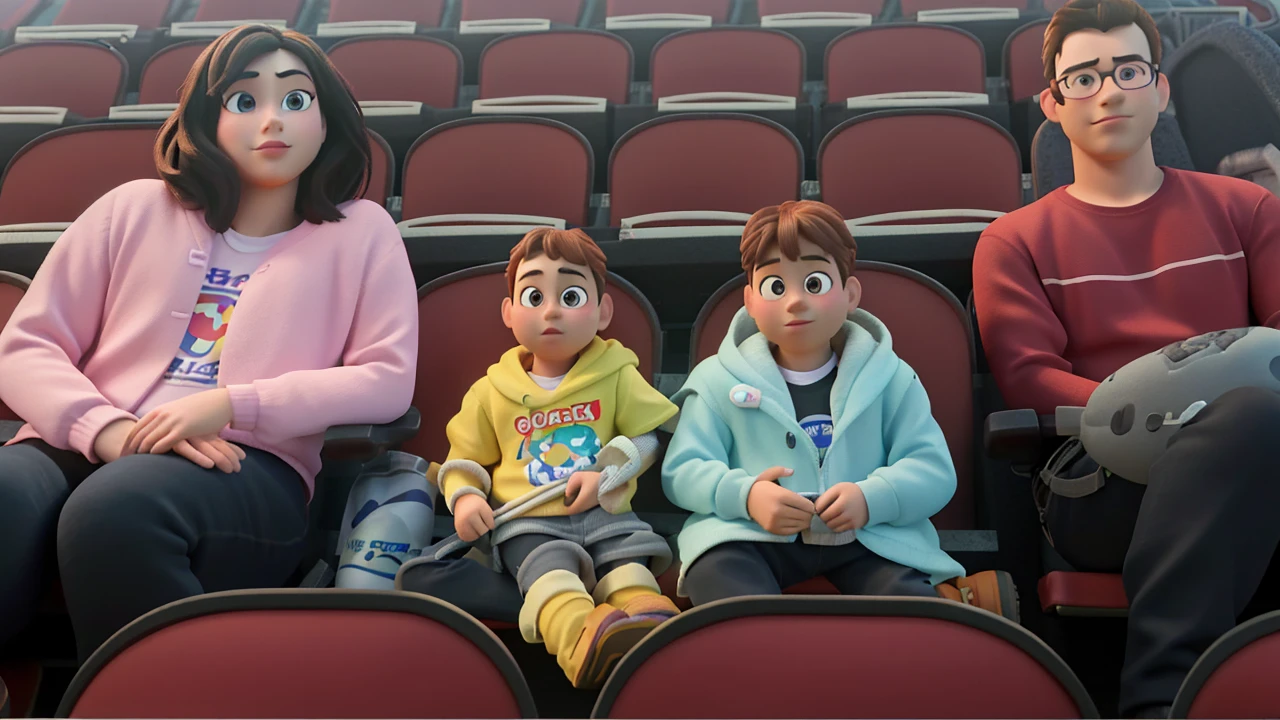 masterpiece, best quality, (extremely detailed CG unity 8k wallpaper), (best quality), (best illustration), (best shadow),A couple with two kids sitting in stadium, high quality photo, group photo, group portrait, commissioned, 8k quality, photo realistic in disney pixar style. high quality, 8k, master piece, 3d disney, disney pixar