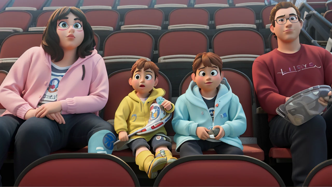 masterpiece, best quality, (extremely detailed CG unity 8k wallpaper), (best quality), (best illustration), (best shadow),A couple with two sitting in stadium, high quality photo, group photo, group portrait, commissioned, 8k quality, photo realistic in disney pixar style. high quality, 8k, master piece, 3d disney, disney pixar