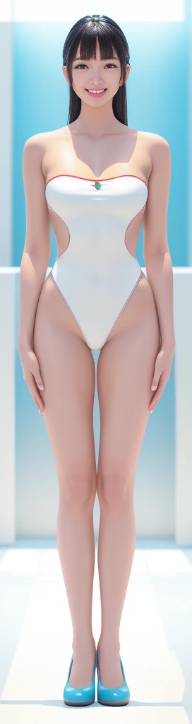 On a white background,A tall and beautiful Chinese girl,with fair skin,Toothy smile,A big smile,When you laugh, Your eyes are crescent-shaped,blunt bangs, long straight hair,Wear a one-piece swimsuit and pumps,Swimsuits are decorated with joyful patterns, Stand up straight,Stand upright,hands on sides,Symmetrical distribution,Ray tracing,All shaded areas,No windows, Soft lighting, Warm light, flood light, n, Studio light, 1.4x Realistic Ultra HD