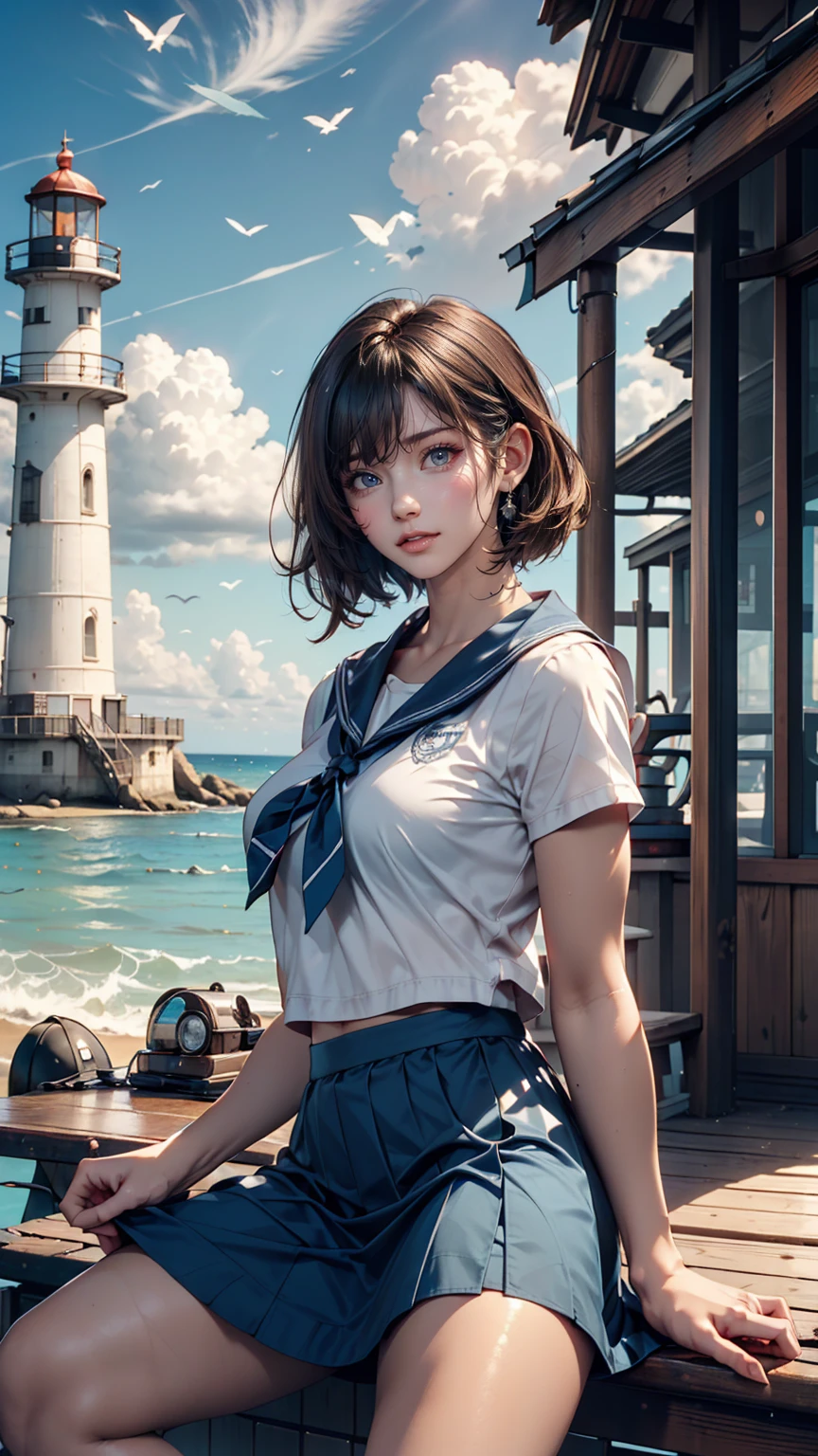 ((最high quality, 8K, masterpiece: 1.3, Ultra HD, high quality, 最high quality, High resolution, realism)) 、Very beautiful 18 year old Japanese schoolgirl、I'm wearing a sailor suit、Wearing a navy blue pleated skirt、Wear loafers、Hair is light brown、black eye、Pixie Cut、hair band、Straight hair、smile、sit on a high breakwater on the beach、The blue sky is beautiful、There is a road in front of the breakwater.、The sea is beautiful、Beautiful Horizon、 island can be seen offshore、Entering clouds on the horizon、Lighthouse on the island