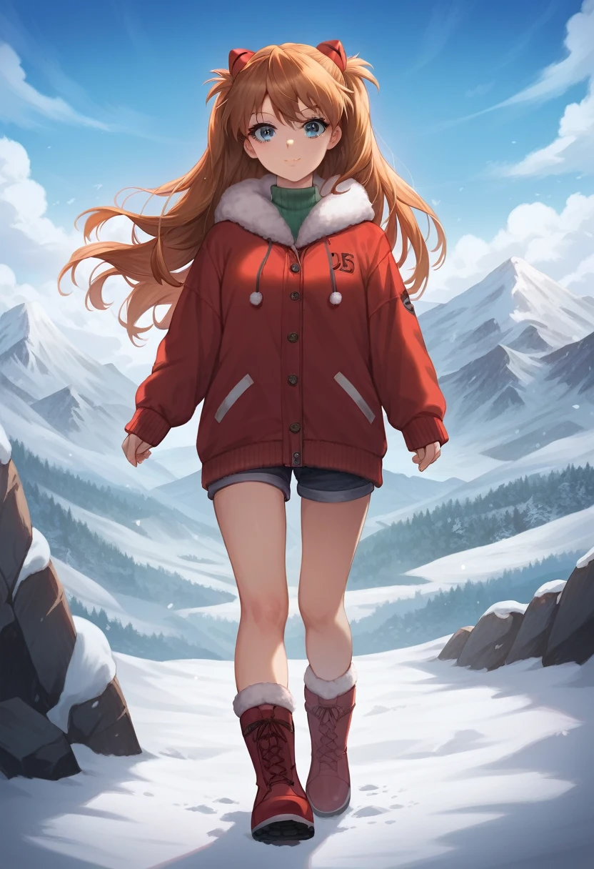 best quality, 4k, high resolution , anime girl , young girl, 24 years old, bangs, long hair, cute face, perfect shot, perfect anatomy, detailed face, detailed eyes, snowy background , mountain range, snow man, tall girl , 2 girls, realistic, 4k , masterpiece , ilustration, digital art, full body, sohryu_asuka_langley, walking, pov ,solo girl