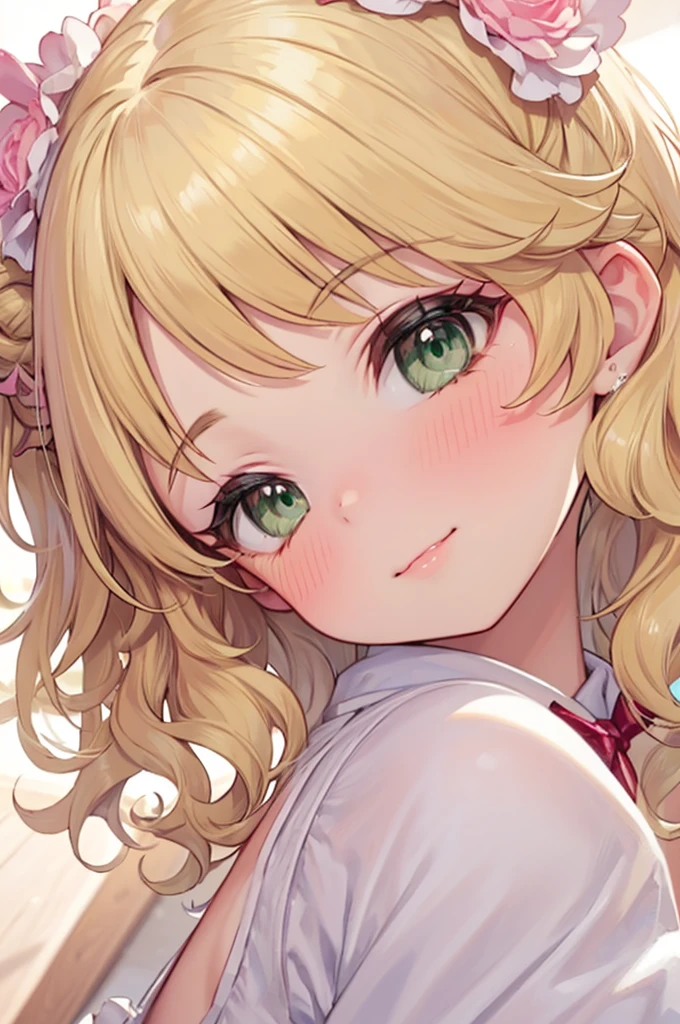 masterpiece,Highest quality, Super detailed,One girl(Sakurai Momoka, Adorable little breasts, Wavy Hair, Long Hair, Blonde, Hair Bun, double Hair Buns, head band, Pink flowers in the hair,Green Eyes), Bright Face, A light smile, Part your lips, nose blush, blush, In-person audience , View your viewers, Tilt your head, alone, , Seduce your sexy waist Micro Bikini Ahegao Bitch Squirting Close-up Looking back Big Ass お尻のClose-up