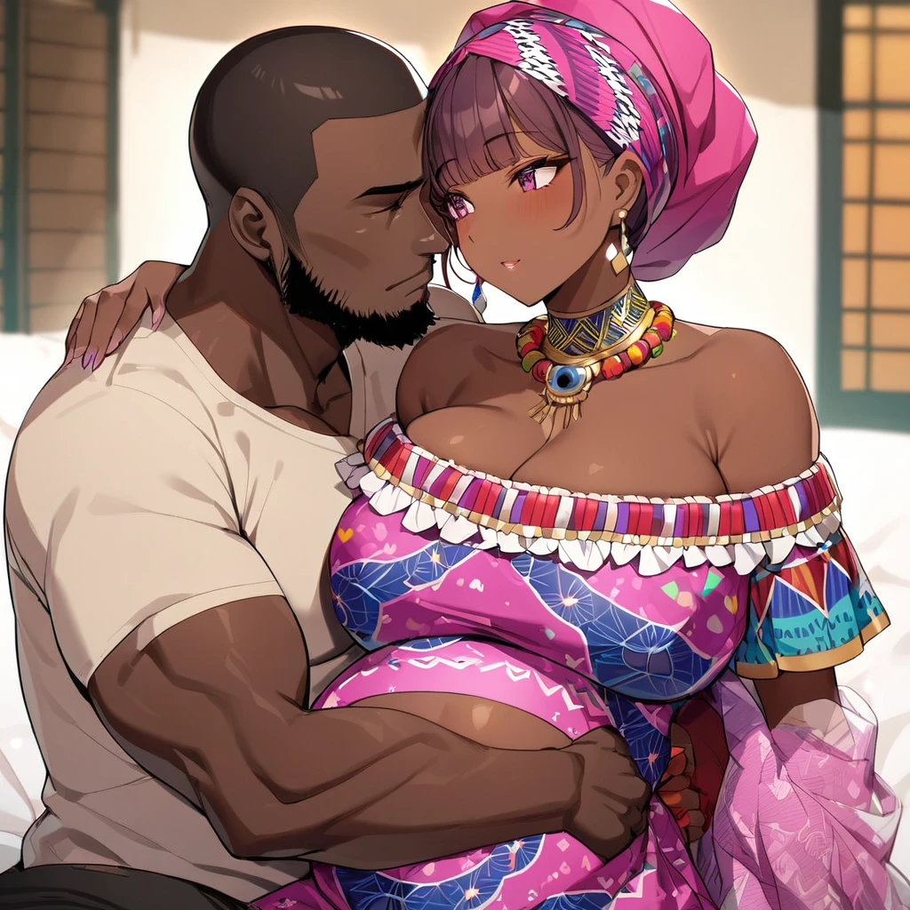 ((Highest quality)), ((masterpiece)), (detailed), (Perfect Face)、the woman is pregnant、The woman is Momo Belia Deviluke, a Ghanaian by birth, with a vibrant dark skin, and is wearing a vibrant Ghanaian dress, a vibrant headscarf, gorgeous jewellery and an engagement ring.、The woman is the elegant Momo Belia Deviluke, with short pink bob hair, a colorful Ghanaian dress, a colorful headscarf, and vivid dark brown skin. She is a natural-born black and Ghanaian.、(The woman is a black Ghanaian with vivid dark brown skin.)、The woman is seen in a Ghanaian village, cuddling with a dignified, muscular, bearded, middle-aged Ghanaian man.、The man is the woman's husband, a dignified, muscular, middle-aged Ghanaian with a beard, wearing colorful Ghanaian traditional clothing and wearing an engagement ring.、the woman is pregnant