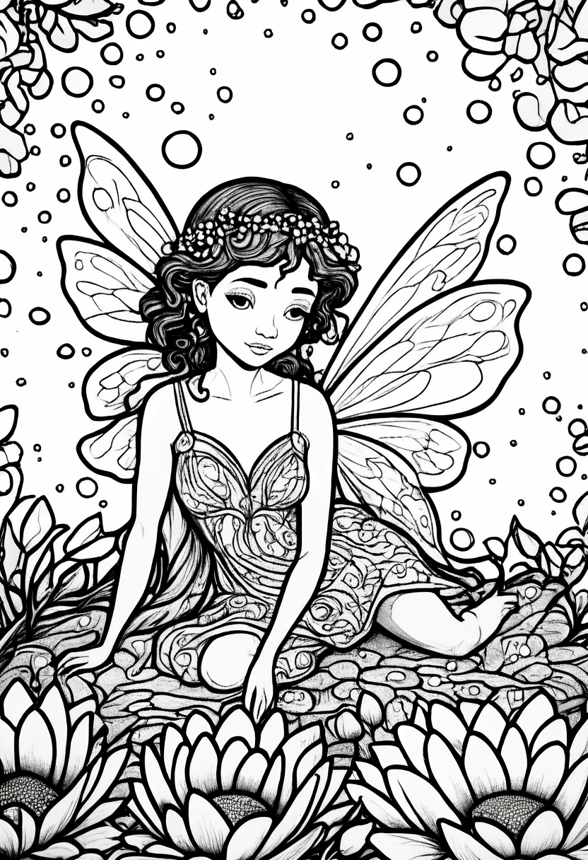 (A black and white coloring book:1.5), A fairy bathing in a dewdrop on a flower petal, white background, colouring page, clean outline