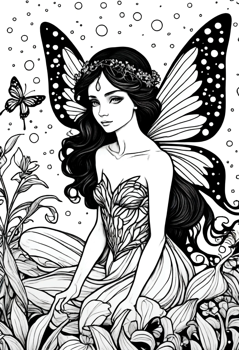 (A black and white coloring book:1.5), A fairy bathing in a dewdrop on a flower petal, white background, colouring page, clean outline