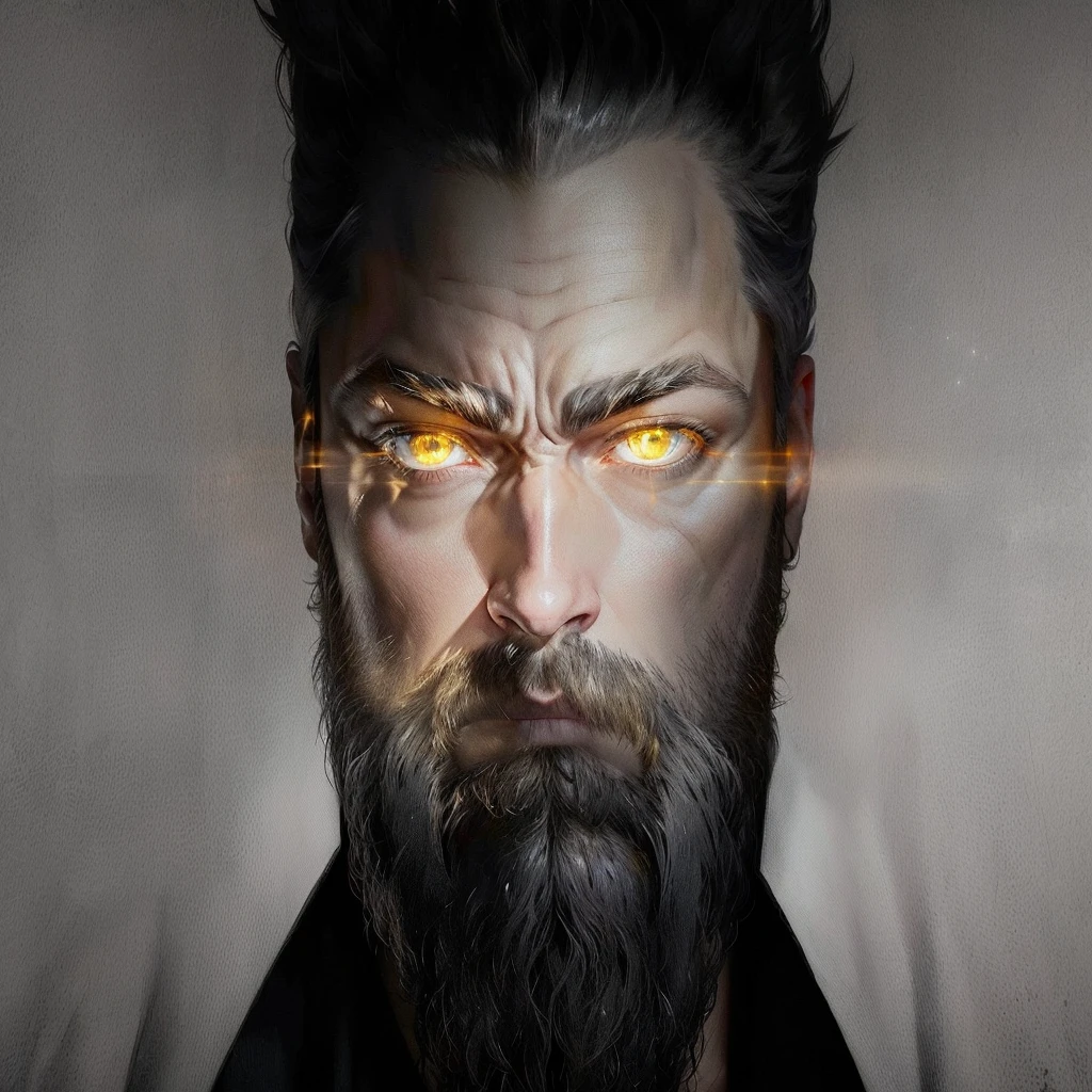 blurred image of a man with bright eyes and a beard, Karl Urban as wolverine, Karl Urban, his eyes glowing yellow, ele tem olhos de fogo, glowing ember eyes, glowing arcane eyes, Karl Urban as a dragonslayer, with glowing yellow eyes, wolverine, bright judgmental eyes, epic portrait of menacing, supernatural golden eyes, focused amber eyes