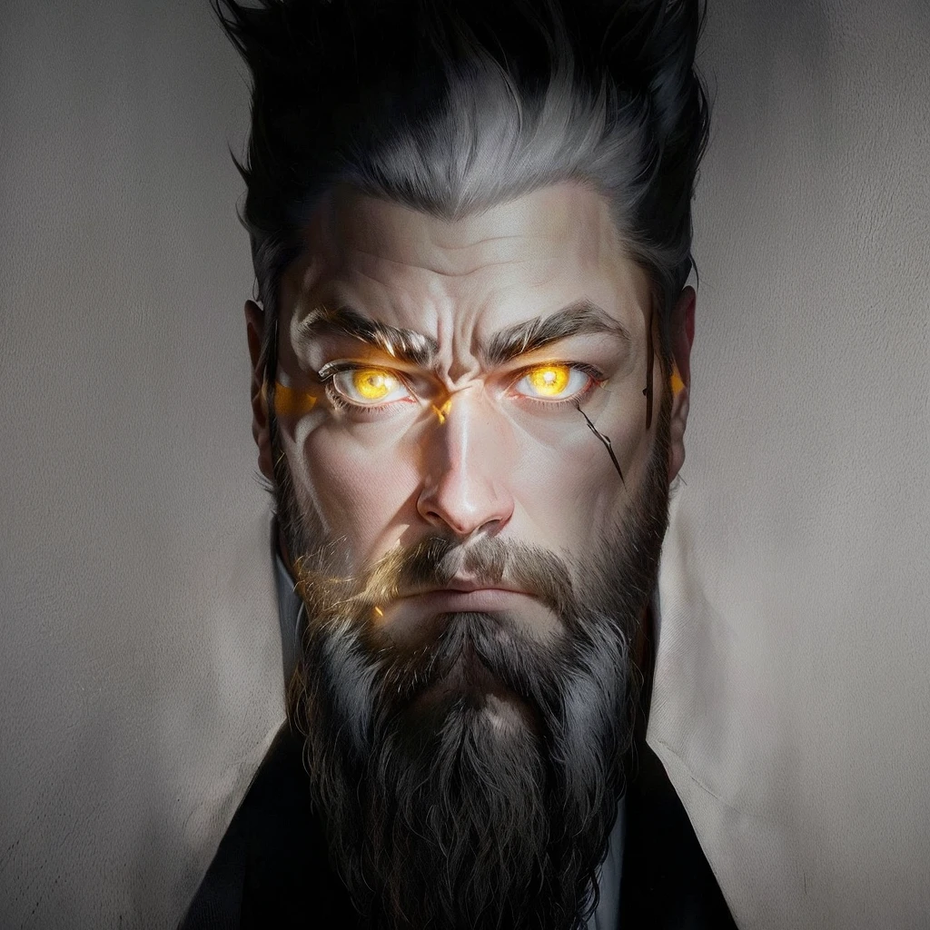 blurred image of a man with bright eyes and a beard, Karl Urban as wolverine, Karl Urban, his eyes glowing yellow, ele tem olhos de fogo, glowing ember eyes, glowing arcane eyes, Karl Urban as a dragonslayer, with glowing yellow eyes, wolverine, bright judgmental eyes, epic portrait of menacing, supernatural golden eyes, focused amber eyes