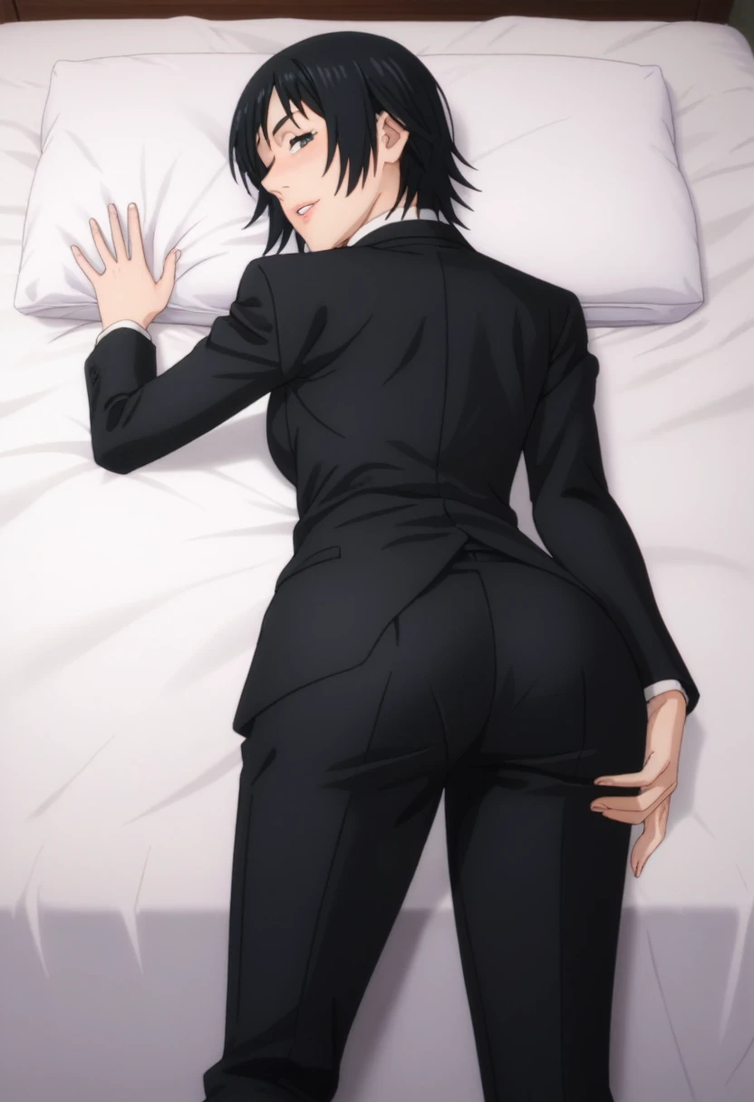 score_9_up, score_8_up, score_7_up, 1girl, solo, mature female, Himeo, black short hair, black eyes, right eye closed with eyepatch, pink lips, parted lips, fit slim body, perfect medium erected breast, (((black blazer, white shirt with black tie, black pants))), (((higly detailed modern luxury bedroom))), looking at the viewer, rose cheeks, naughty smile, bend over the bed and showing her ass, looking back, from behind