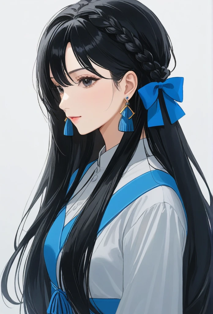 ((1woman, long black hair, mature,hair braid with blue ribbon,dress,tassel jhumka earrings