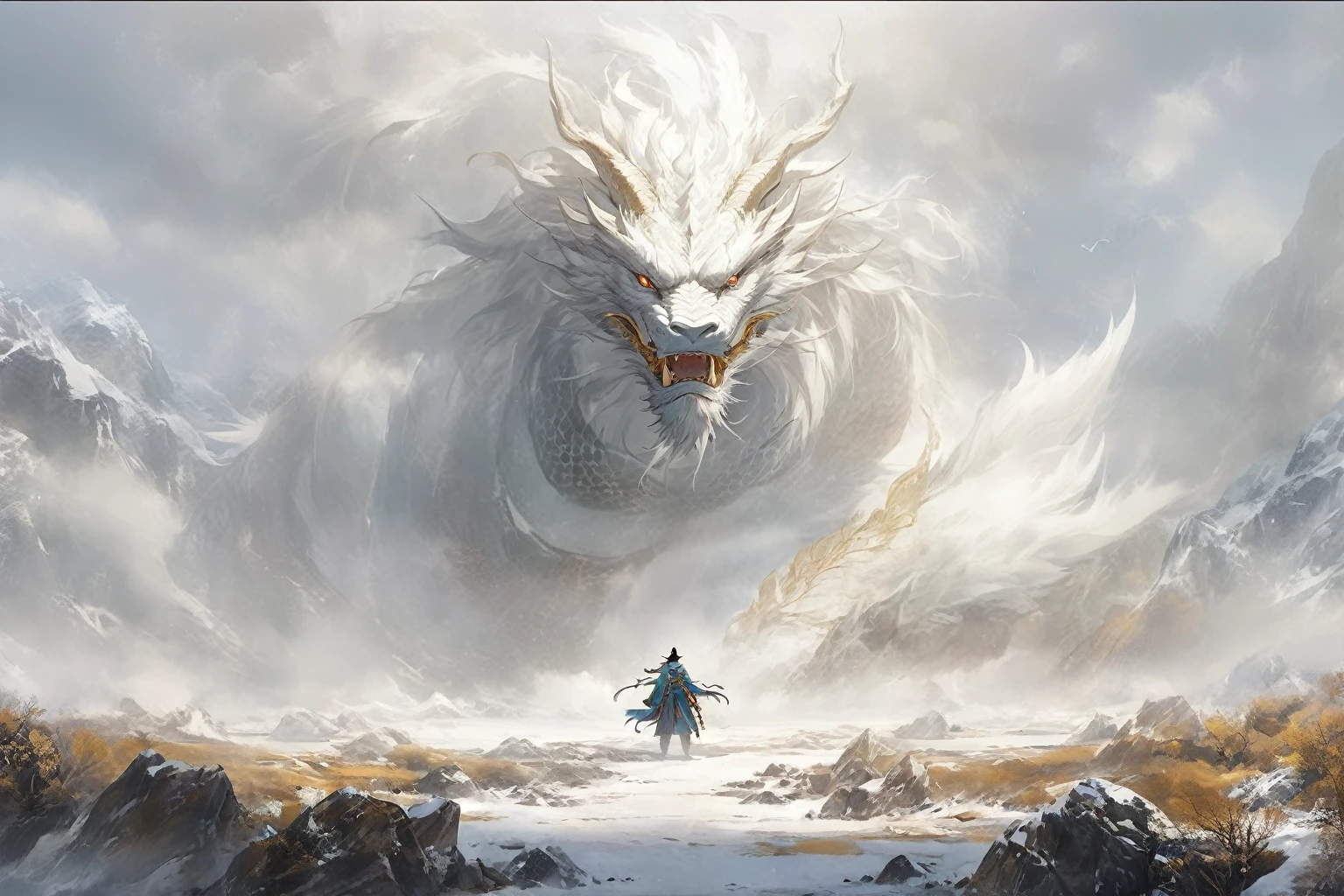 There was a man standing in front of a huge white dragon, author:Yang J, A beautiful artistic illustration, Chinese dragon concept art, Yunlong, Concept Art Illustration, Dragon Soul Man, dragon藝術, Dragon God, Dragon in the background, oil painting of dragon, Legendary Dragon, dragon, 4k highly detailed digital art